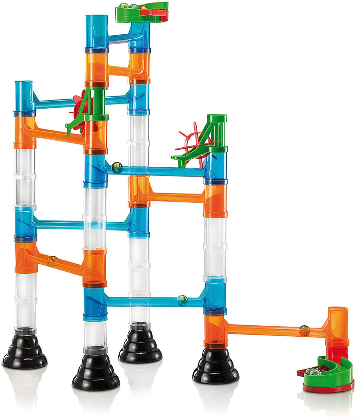 Migoga Marble Run with colorful tubes, spinning wheels, and marbles for kids to build and learn basic science principles.