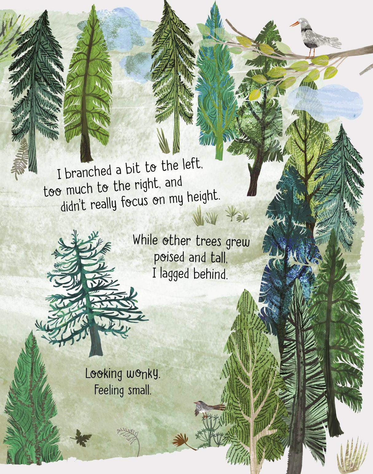 Illustration from The Tree That's Meant to Be showing a small crooked fir tree among tall forest trees.