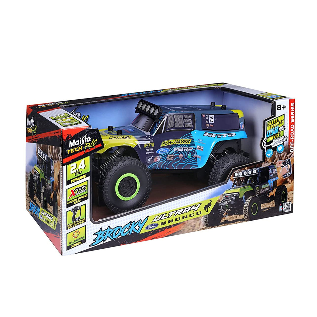 RC Ford Bronco Brocky off-road RC car in blue and yellow packaging with 2.4 GHz controller, for ages 8 and up.