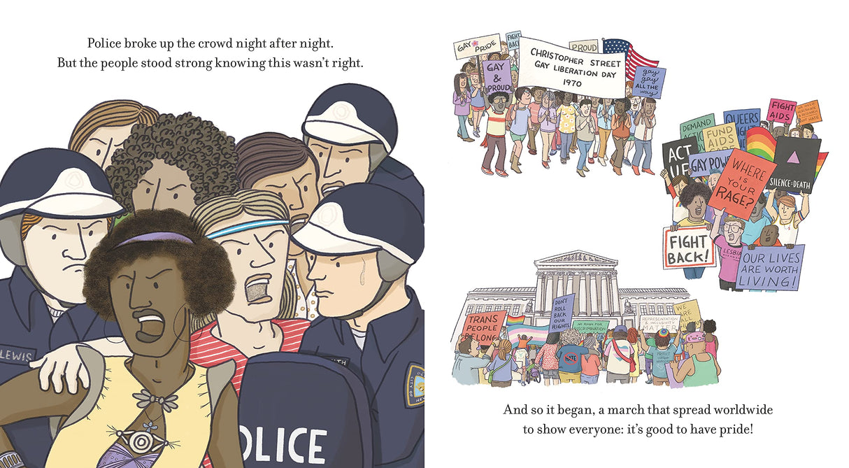 Twas the Night Before Pride shows a historic Pride march with diverse protesters and police confronting the crowd.