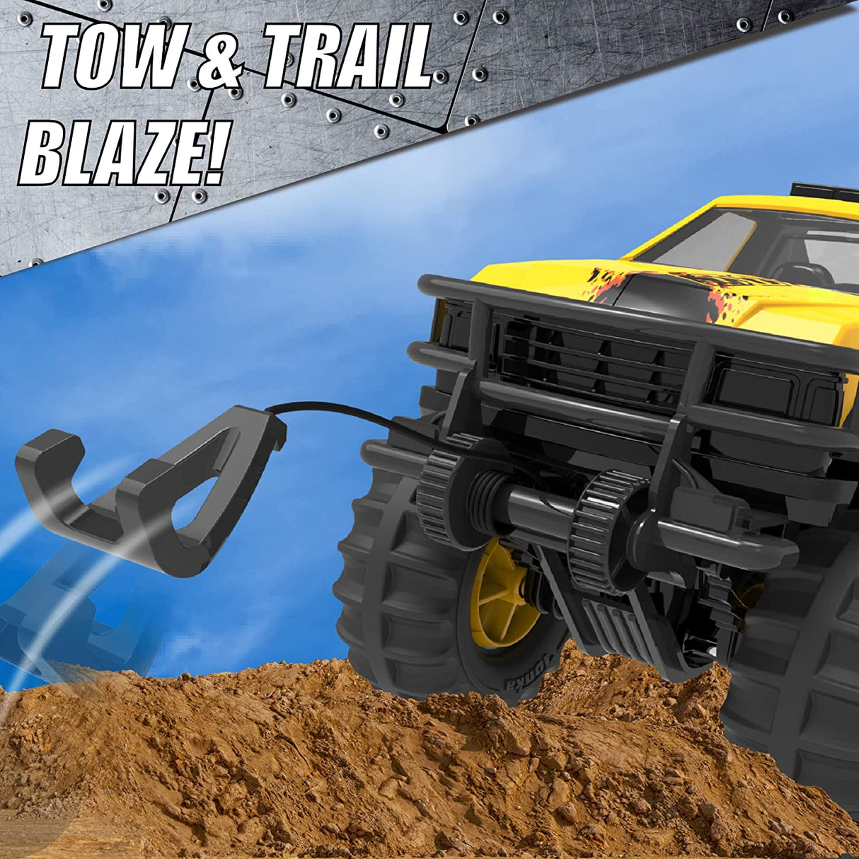 Tonka 4x4 Pickup Truck towing with strong 4x4 tires ready for tough outdoor play and trailblazing adventures.