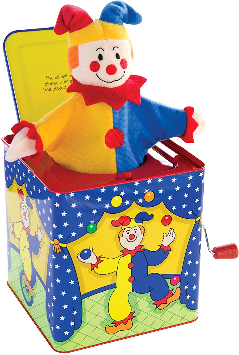 Jester Jack in the Box with colorful plush jester popping out of a decorated metal box with a crank handle.
