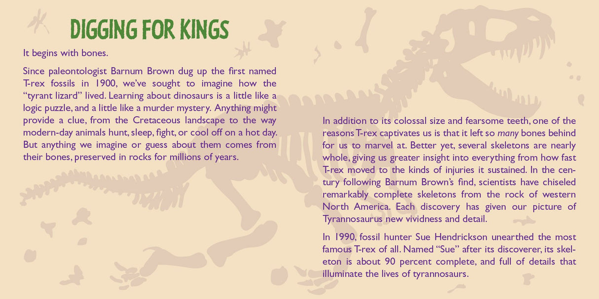 Hug a T-Rex Kit booklet page explaining the discovery and excavation of T-Rex fossils by paleontologists.