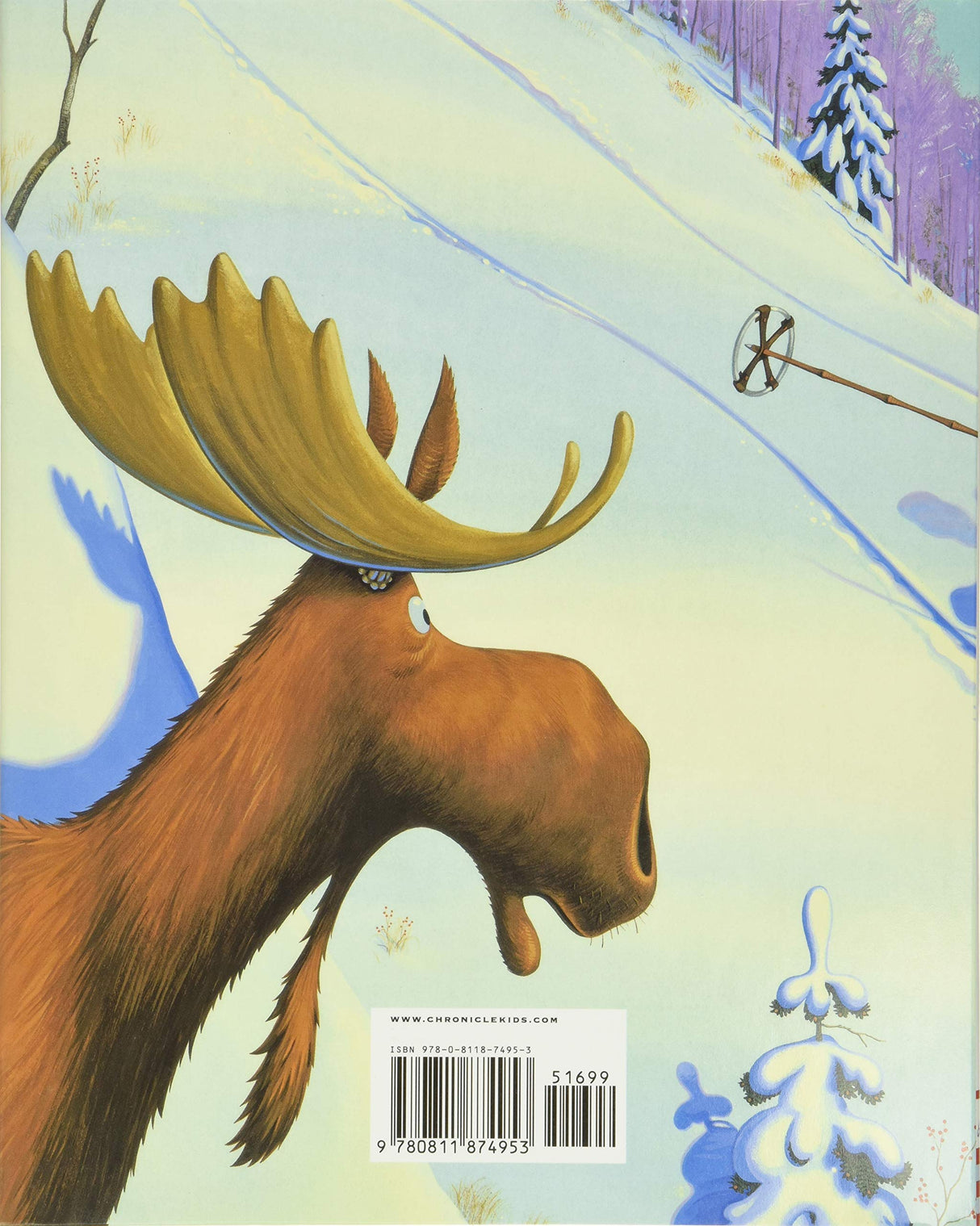 Learning to Ski with Mr Magee back cover shows a surprised moose in snowy mountain scene with ski pole.