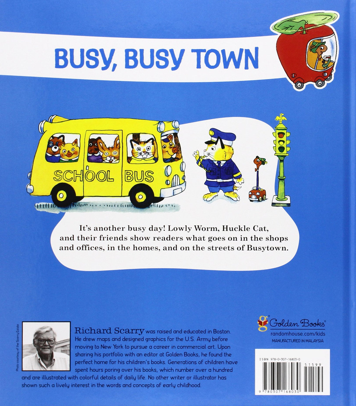 Busy Busy Town book back cover with school bus, characters Lowly Worm and Huckle Cat, and colorful town illustrations.