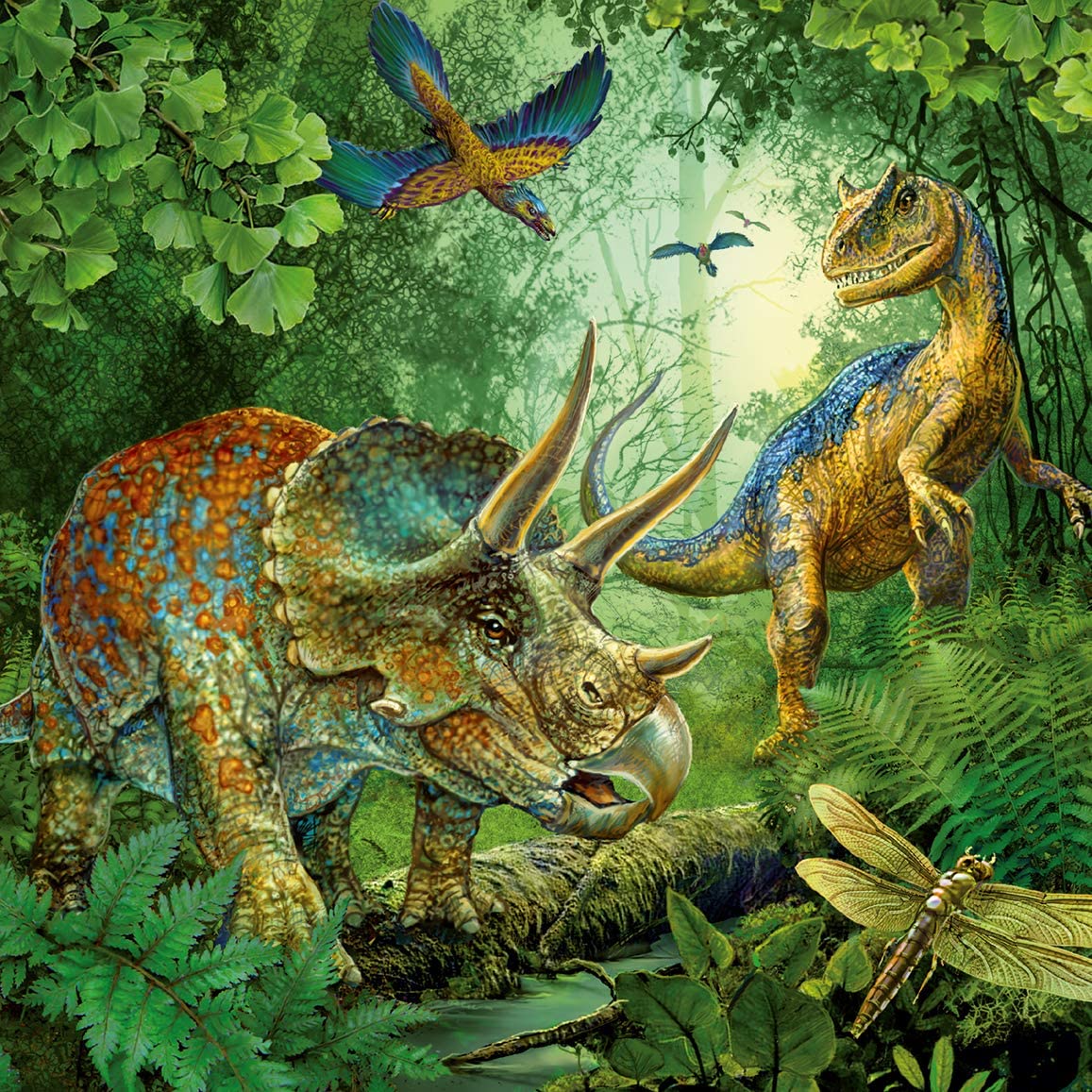 49pc Dinosaur Puzzles showing colorful triceratops, tyrannosaurus, flying dinosaurs, and lush jungle scenery.