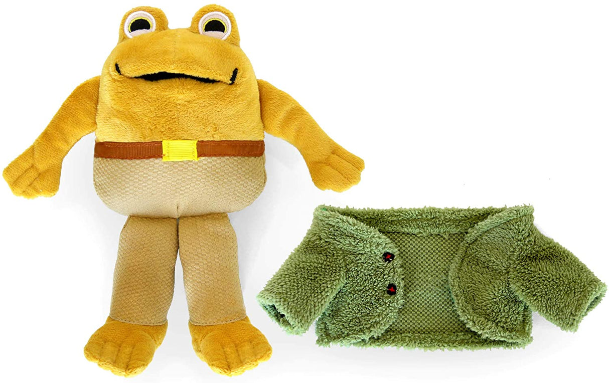 Toad plush toy with caramel-colored fur, tan pants, and a removable green furry jacket with black buttons.