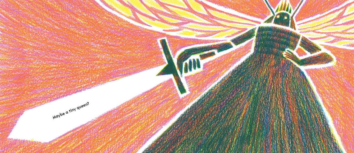 Illustration from Have You Ever Seen a Flower? showing a tall figure with a sword in vibrant, colorful pencil strokes.