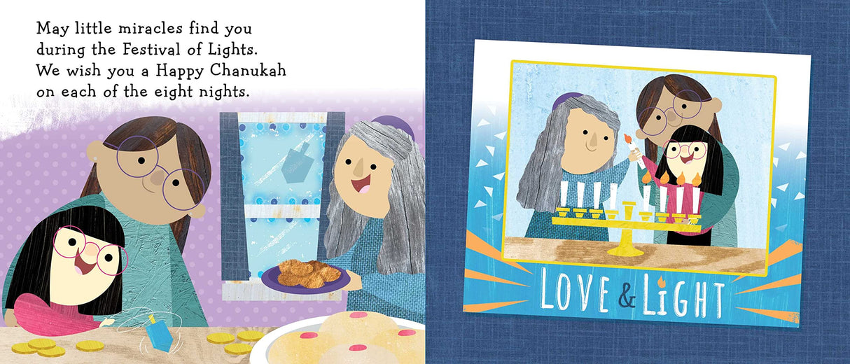 Happy All-Idays! board book illustration showing a family celebrating Chanukah with latkes and lighting the menorah.