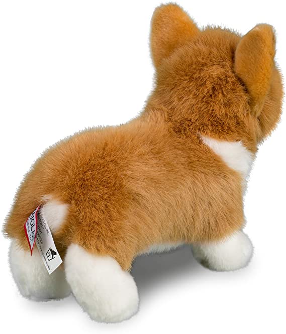 Corgi Louie plush toy showing fluffy tan and white fur with classic corgi ears and stumpy paws from the back.