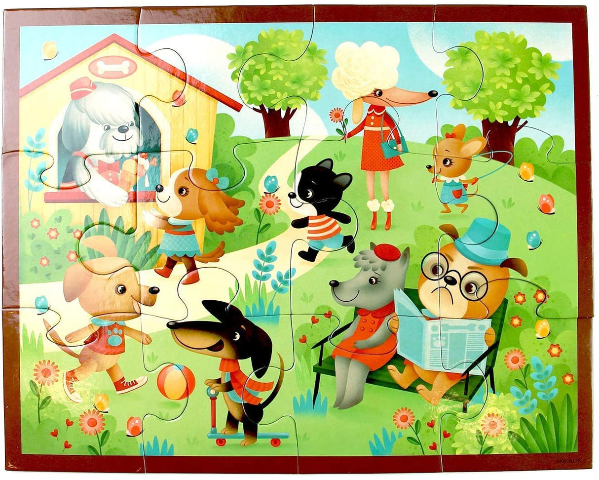 12pc Puppies Puzzle Pouch featuring playful dogs in a park with extra thick pieces and a zippered travel pouch.
