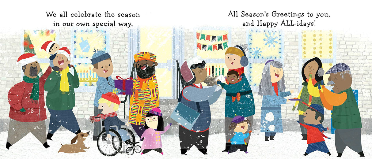 Illustration from Happy All-Idays! showing diverse families celebrating winter holidays together cheerfully.