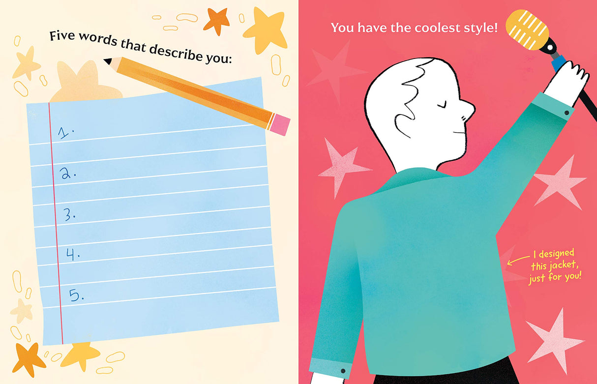 A colorful fill-in page and illustration from A Book About Dad encouraging kids to describe and celebrate their dad.