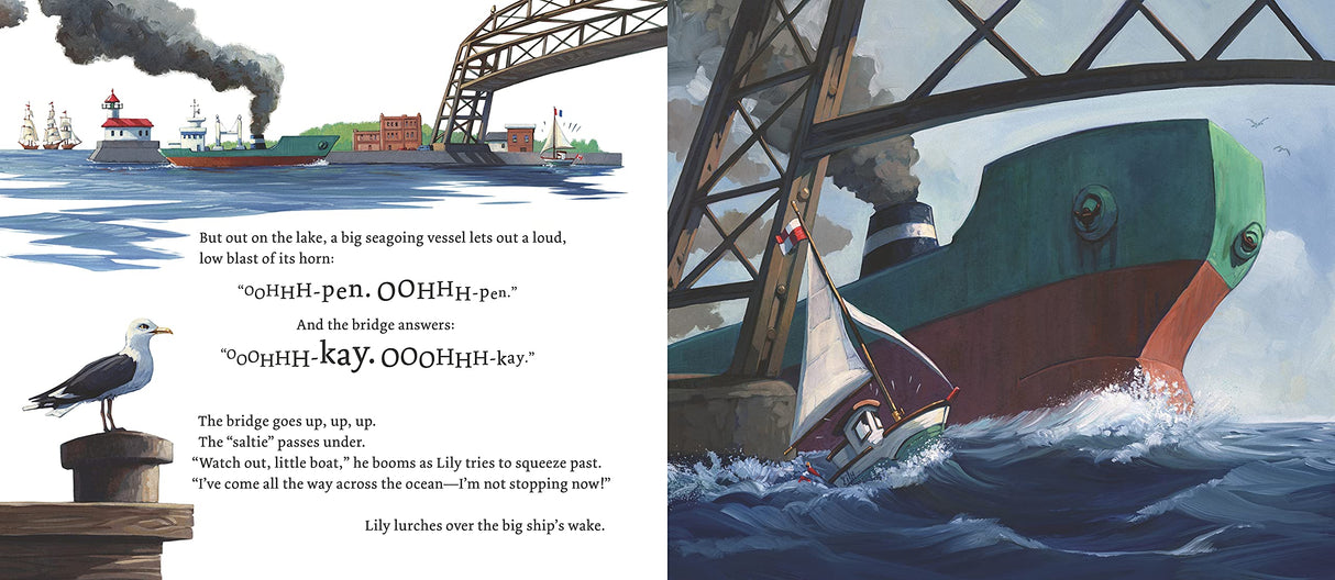 Lily Leads the Way" shows a small sailboat navigating under a lift bridge beside large ships in a busy harbor.