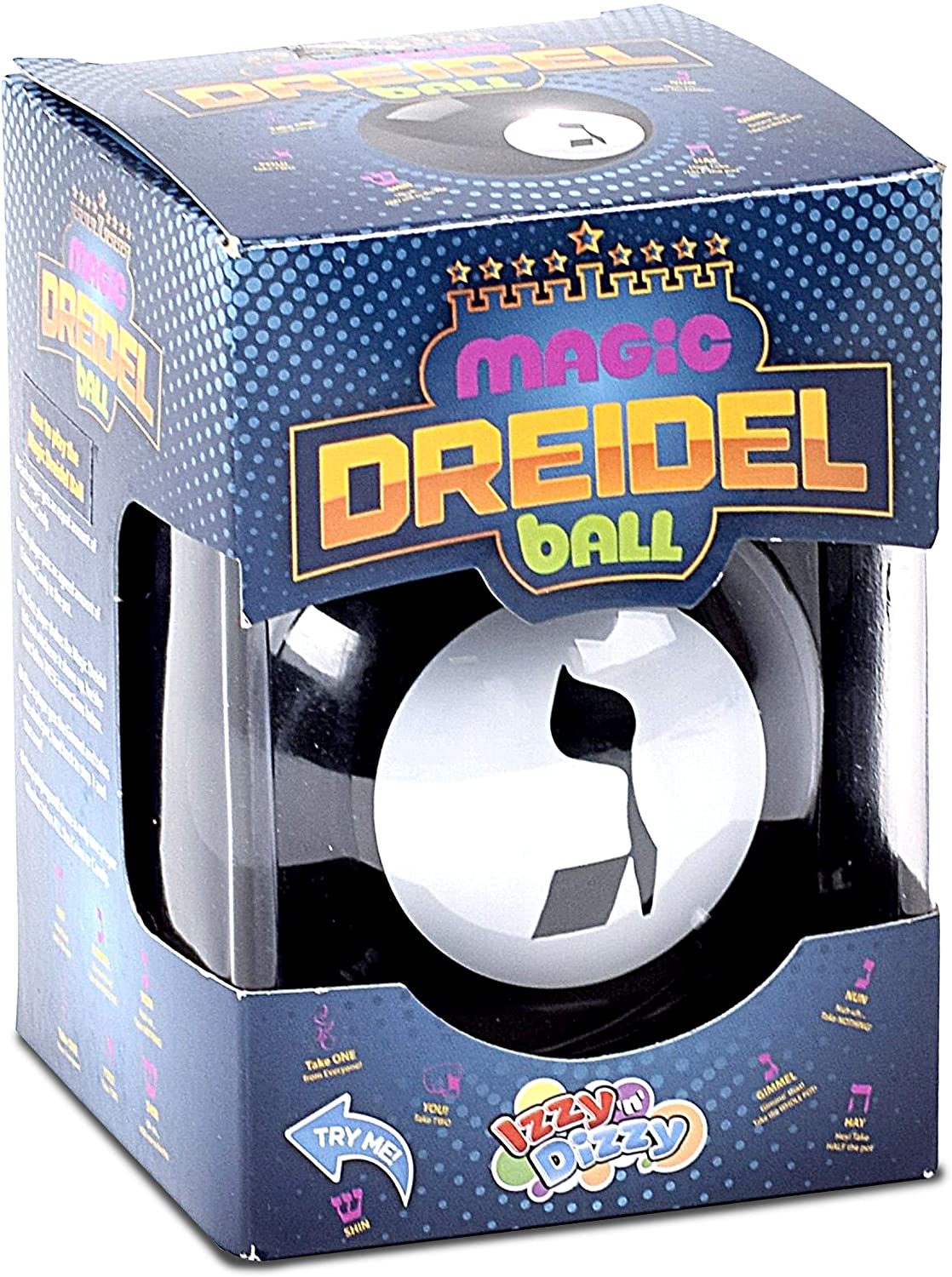 Magic Dreidel Ball game in packaging showing the modern dreidel ball with Hebrew letters window for game play.