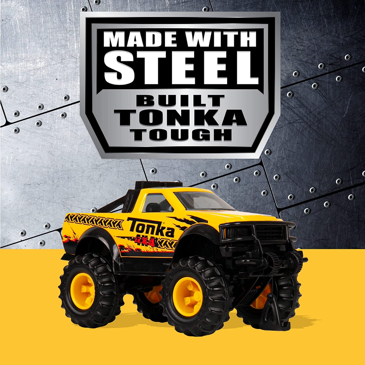 Tonka 4x4 Pickup Truck in yellow with large tires, showcasing durable steel construction and tough design.