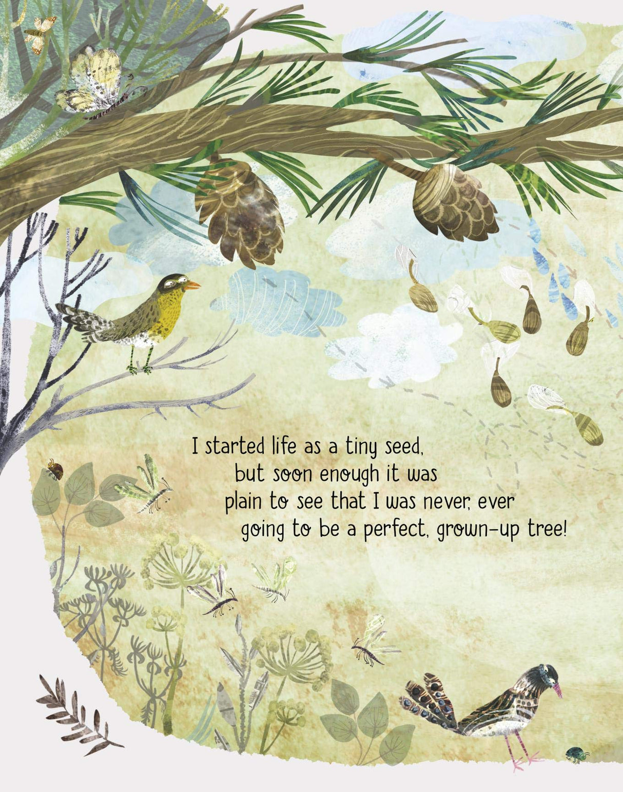 The Tree That's Meant to Be illustrated page with birds, pinecones, and handwritten text about growing and acceptance.