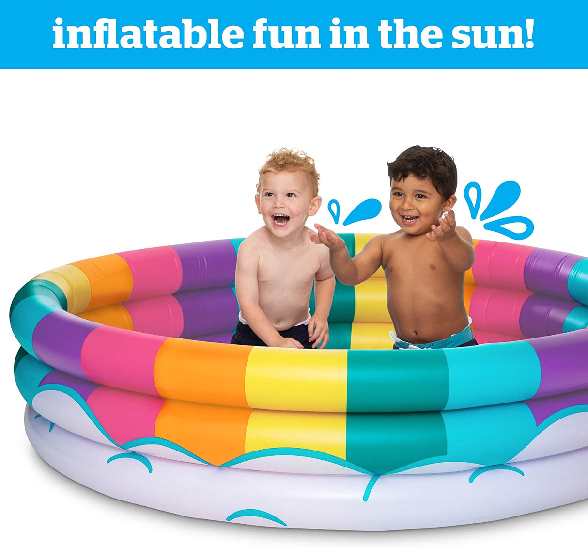 Two young kids playing happily in the colorful Pool | Rainbow inflatable kiddie pool on a sunny day