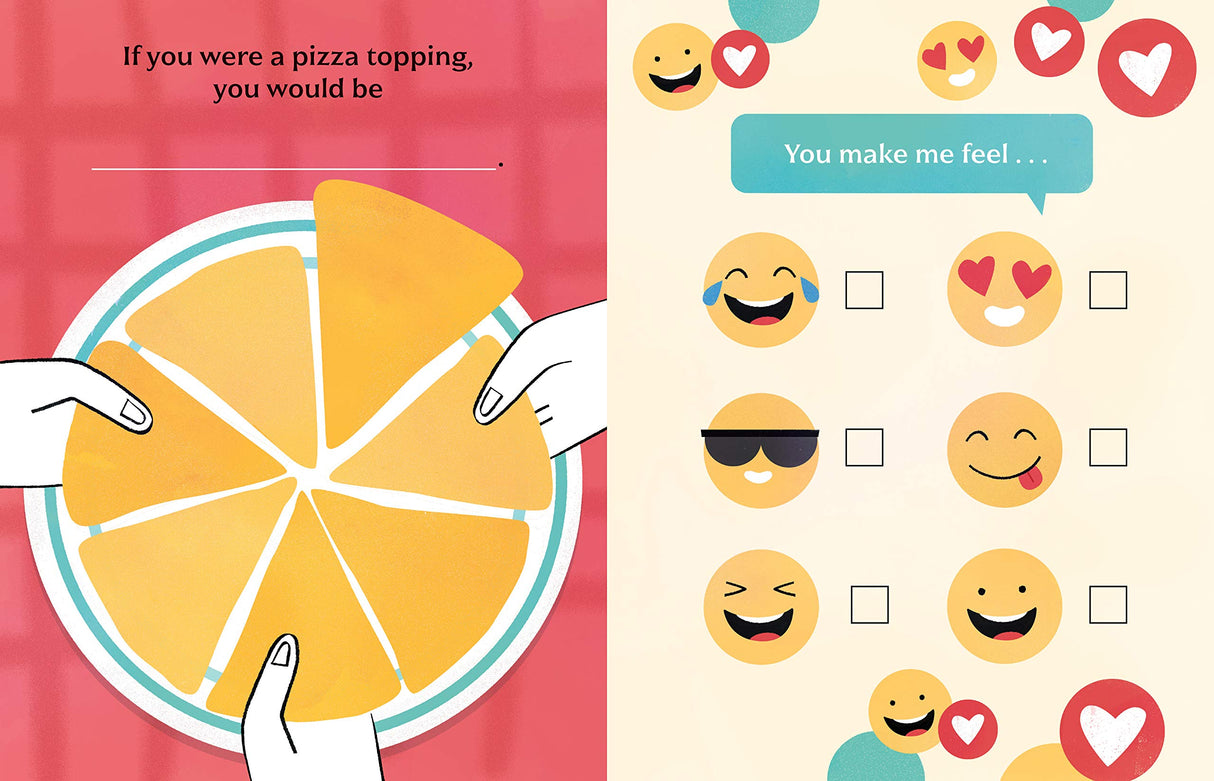 Pages from "A Book About Dad" showing interactive prompts with pizza slices and emoji illustrations for kids to complete.