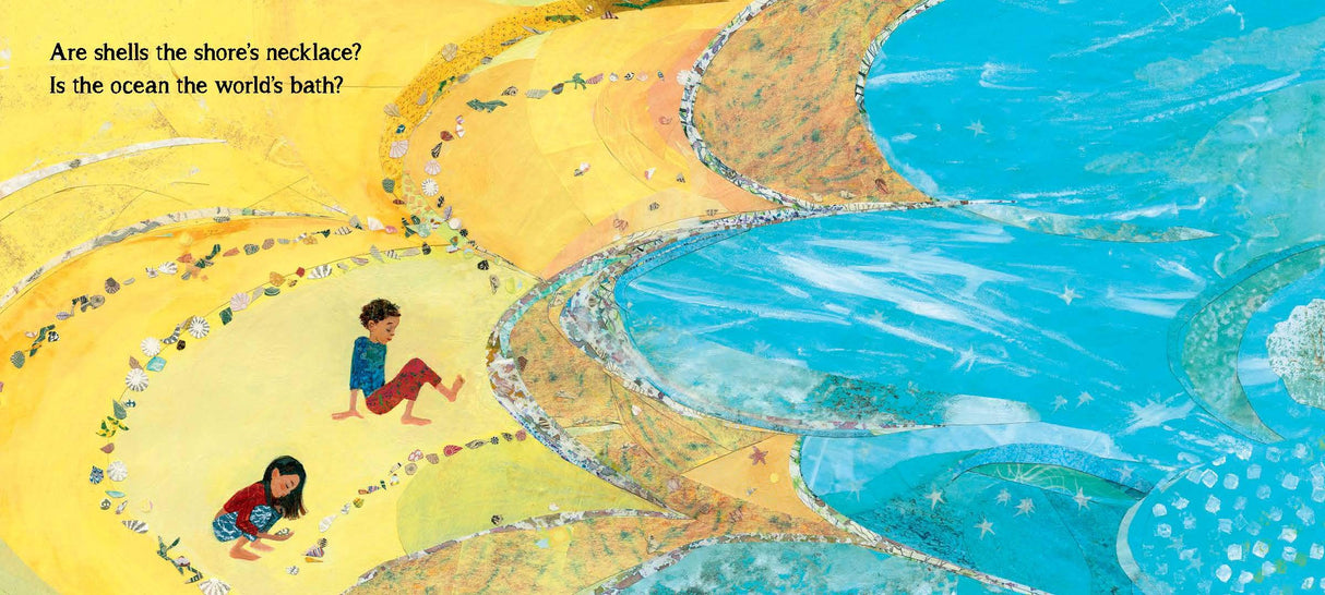 Wonder Walkers hardcover book illustration showing children exploring the shore with imaginative nature questions.
