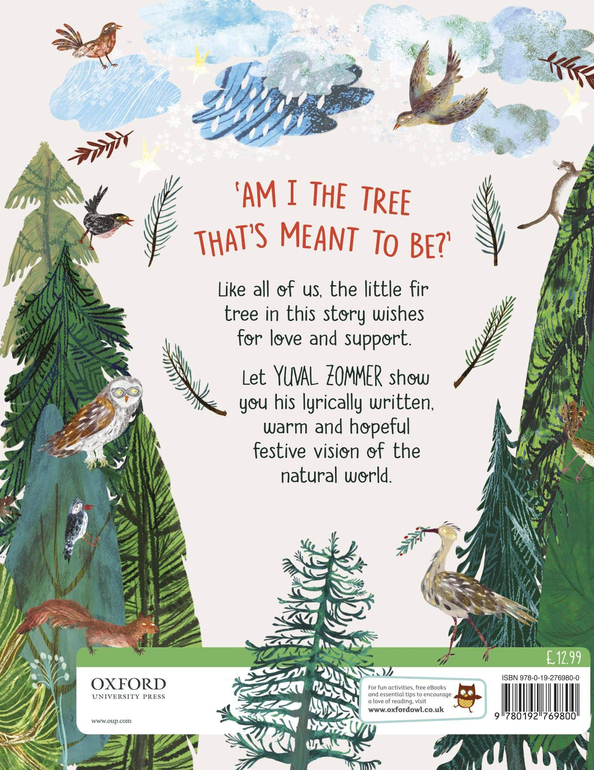 Back cover of The Tree That's Meant to Be with forest animals and a crooken fir tree in a snowy holiday scene.