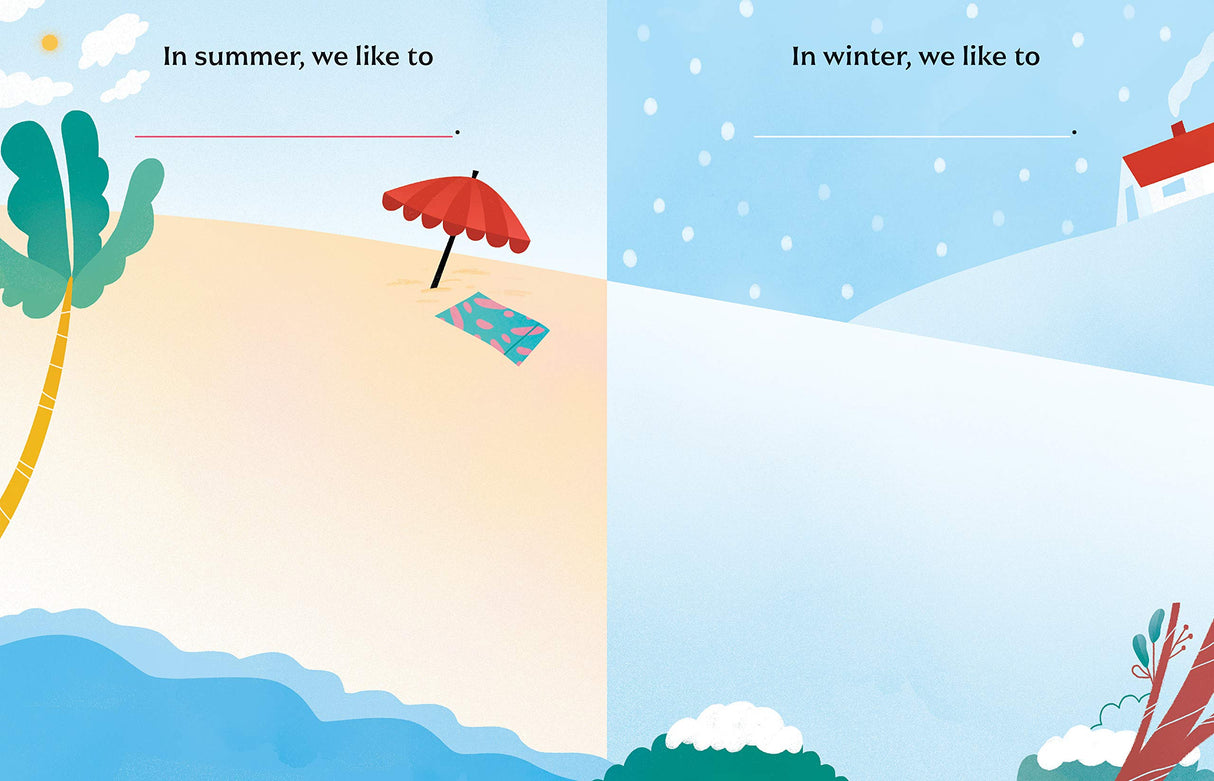 A page from A Book About Dad showing summer beach and winter snow scenes with fill-in-the-blank prompts for kids.