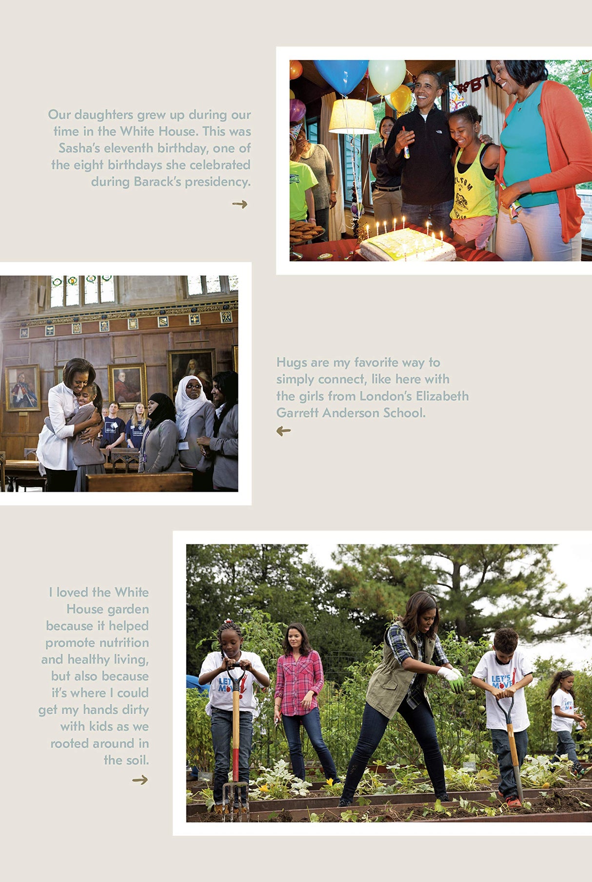 Becoming - Adapted for Young Readers showing Michelle Obama with children celebrating and gardening activities.