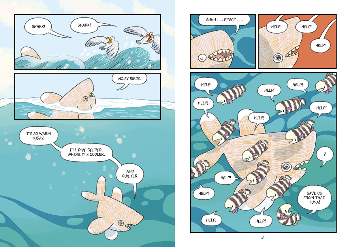 Pages from Surviving the Wild: Sunny the Shark showing Shark and pilot fish underwater conversation in graphic novel style.