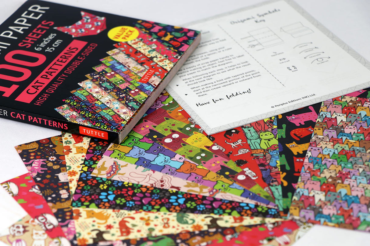 Origami Paper Cat Patterns pack with colorful cat-themed sheets and an instruction booklet for origami projects.