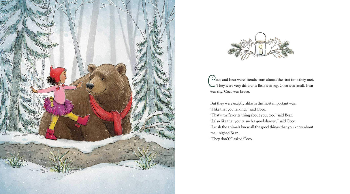 Illustration from Share Some Kindness, Bring Some Light showing Coco and Bear sharing a moment in snowy woods.