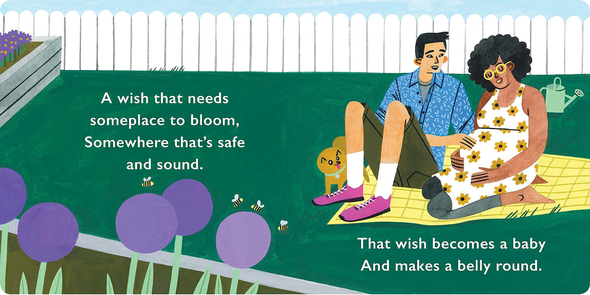 Illustration from Families Grow showing a couple in a garden with text about a wish becoming a baby and a belly growing.