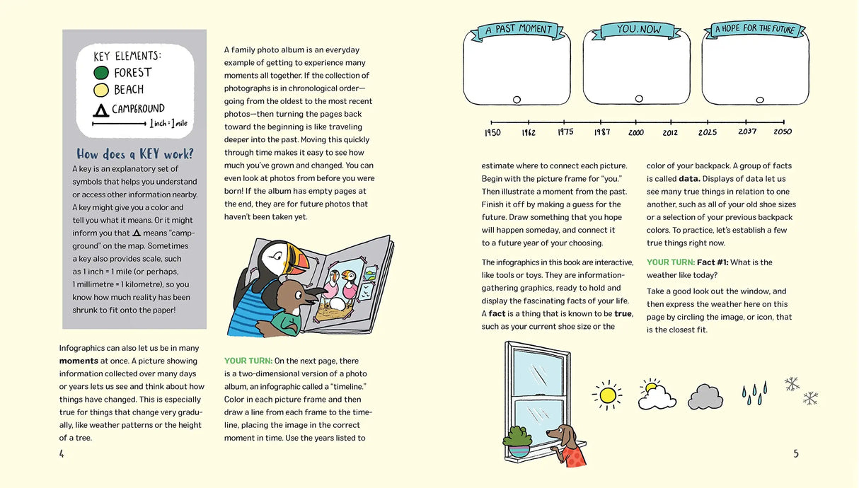 Life Log: Infographic Journal open to illustrated pages with charts, diagrams, and a raccoon character tracking data.