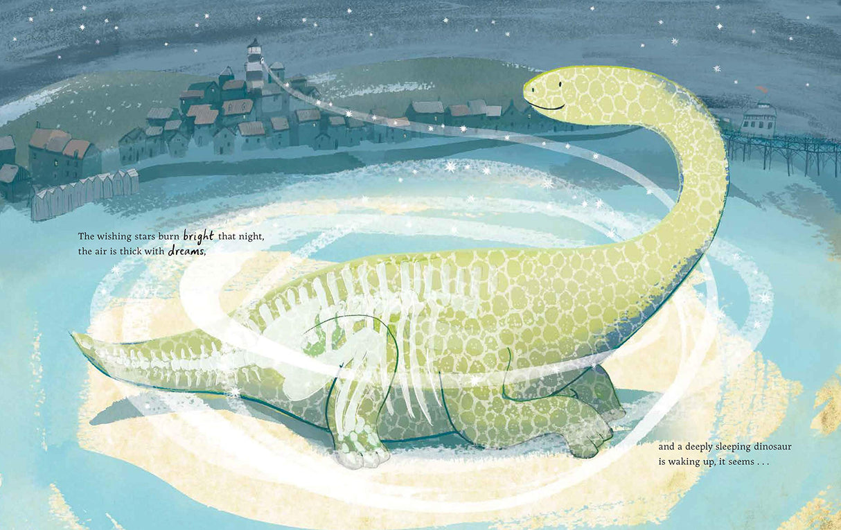 Girl and the Dinosaur shows a glowing dinosaur waking near a seaside town under a starry night sky.