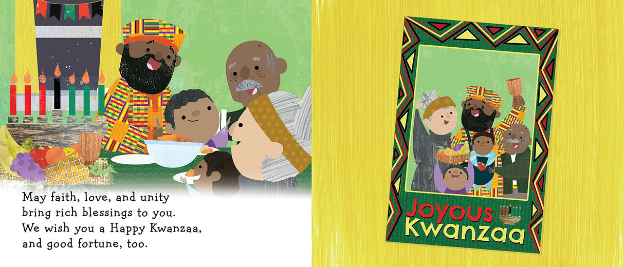 Happy All-Idays! board book page showing a family celebrating Kwanzaa with unity and joy.