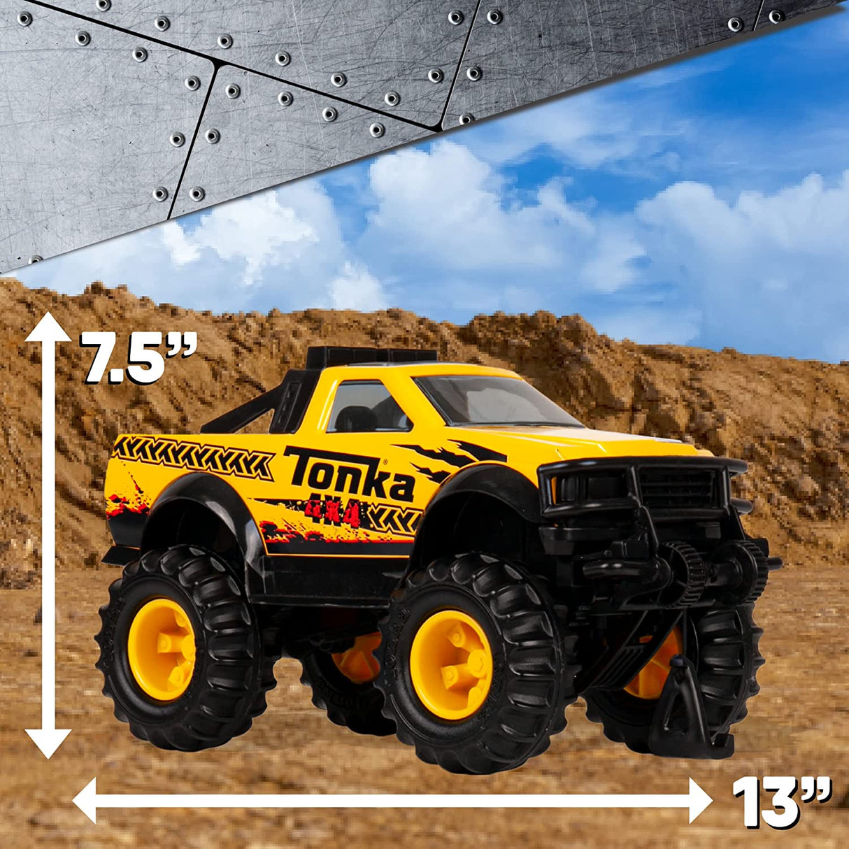 Tonka 4x4 Pickup Truck in yellow with large tires, ready for outdoor play in dirt and sand measuring 7.5 by 13 inches