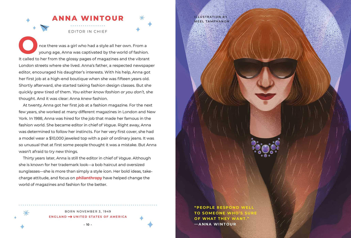 Good Night Stories for Rebel Girls: 100 Immigrant Women Who Changed the World book featuring Anna Wintour portrait and story.