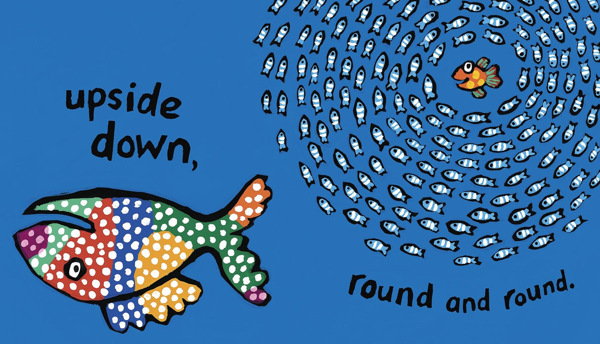 Illustration of colorful fish swimming in circles with text from "Hooray For Fish!" children's board book by Lucy Cousins.