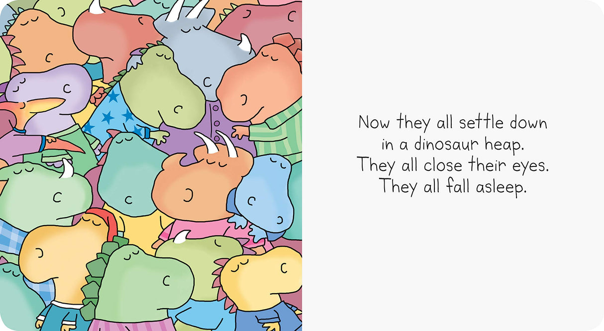 Dinosnores shows a cozy heap of colorful dinosaurs in pajamas settling down and falling asleep together.
