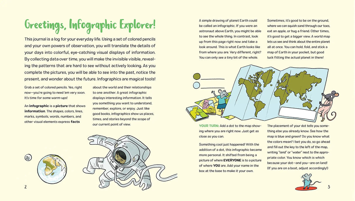 Life Log: Infographic Journal open pages showing colorful infographics, charts, and whimsical illustrations for tracking daily life patterns.