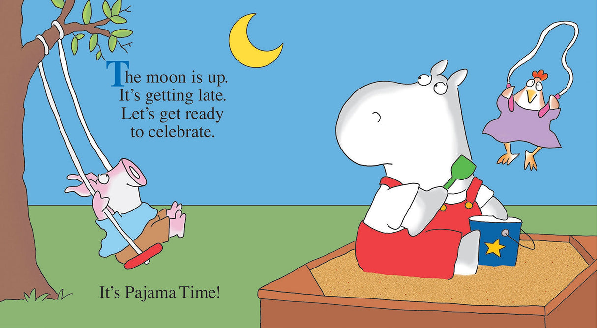 Pajama Time book illustration with pig on swing, jump-roping chicken, and hippo in pajamas at night under the moon.