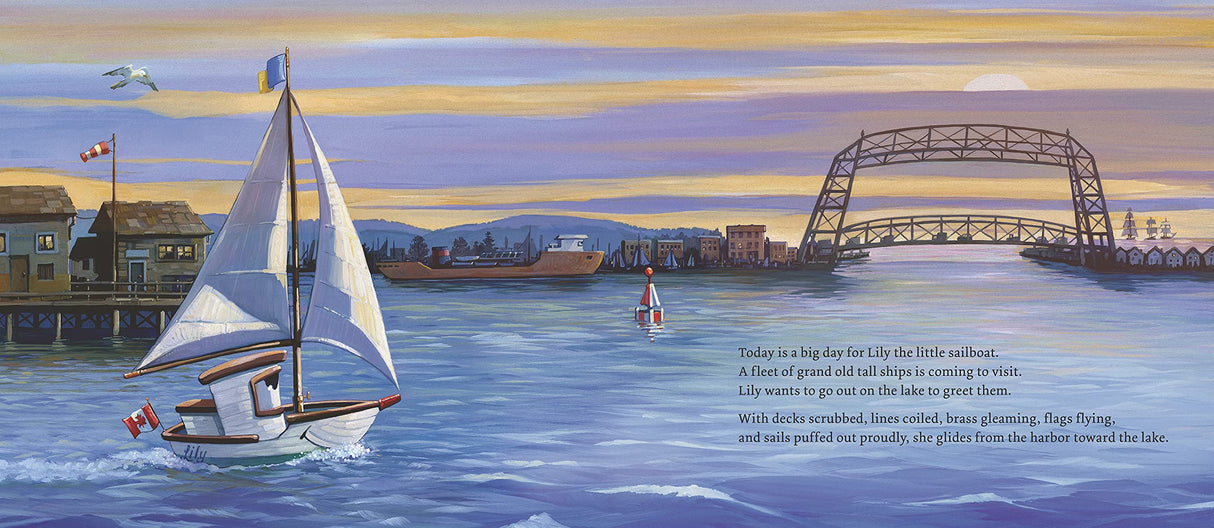 Illustration from Lily Leads the Way showing a small sailboat passing under a lift bridge with tall ships in the harbor.