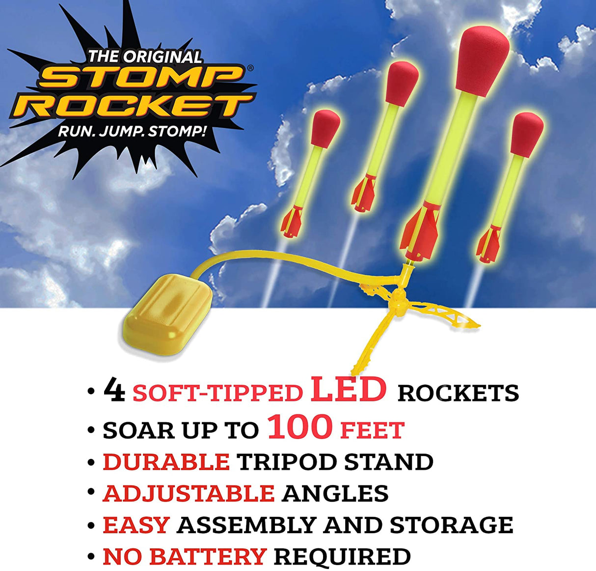 Stomp Rocket Ultra LED with 4 soft-tipped LED rockets launching high from a durable adjustable tripod stand.
