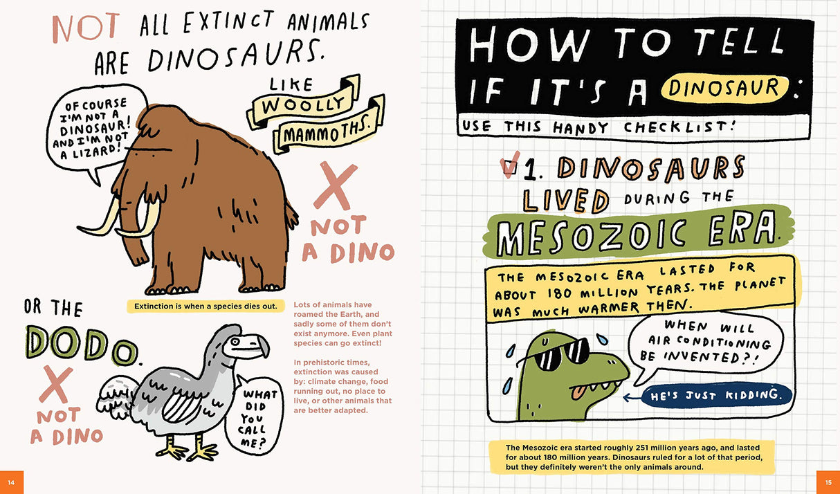 Everything Awesome About Dinosaurs book pages explaining how to identify dinosaurs with fun illustrations and facts.