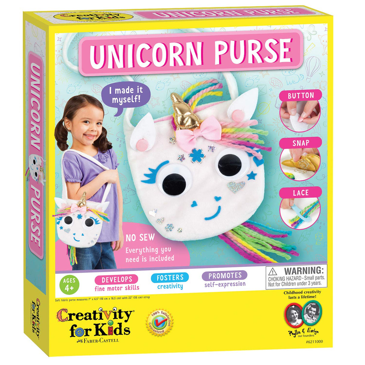 Unicorn Purse Kit with no-sew design, golden horn, rainbow yarn, and kid-friendly craft materials for ages 4+