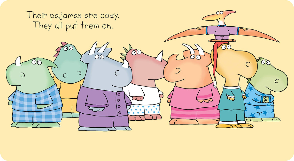 Dinosnores features cute dinosaurs in cozy pajamas getting ready for bed in a friendly bedtime scene.