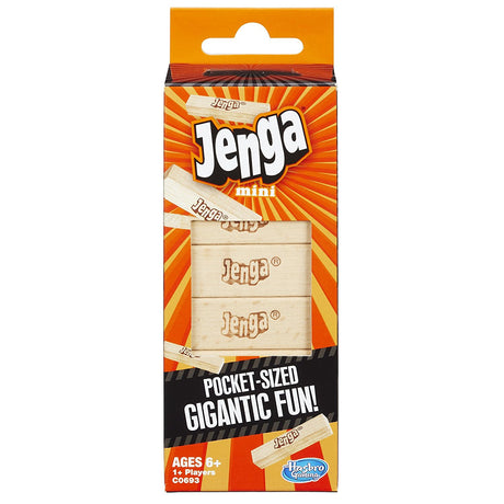 Jenga Mini pocket-sized game box showing wooden blocks and packaging for fun tower stacking challenge ages 6+