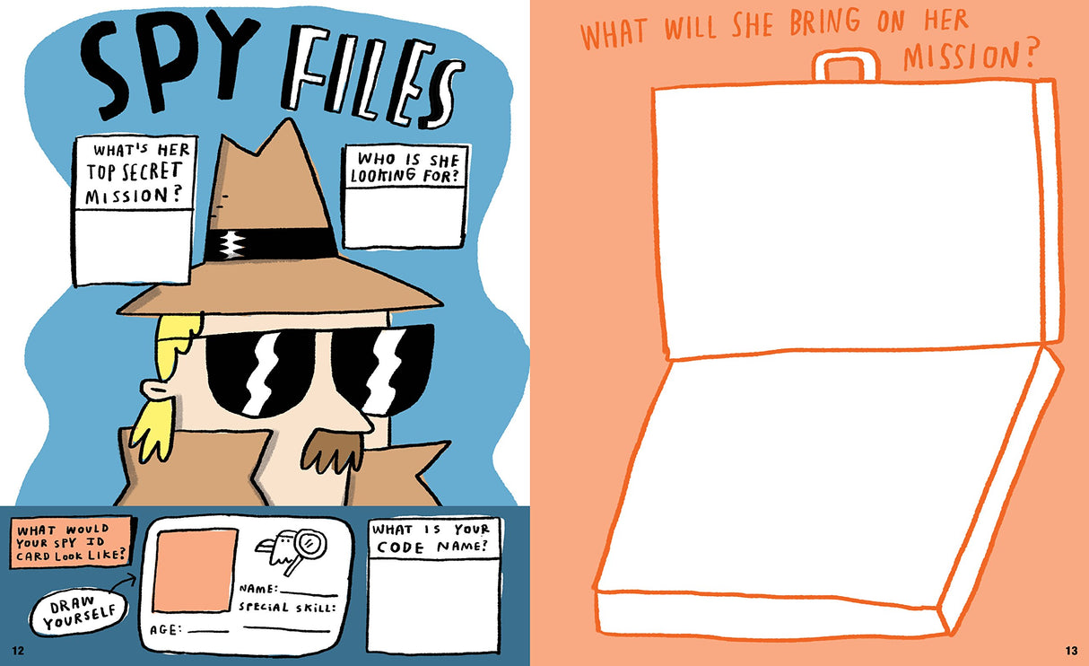 Kids' Awesome Activity Book open pages with a spy-themed activity and a blank suitcase drawing prompt for creativity.