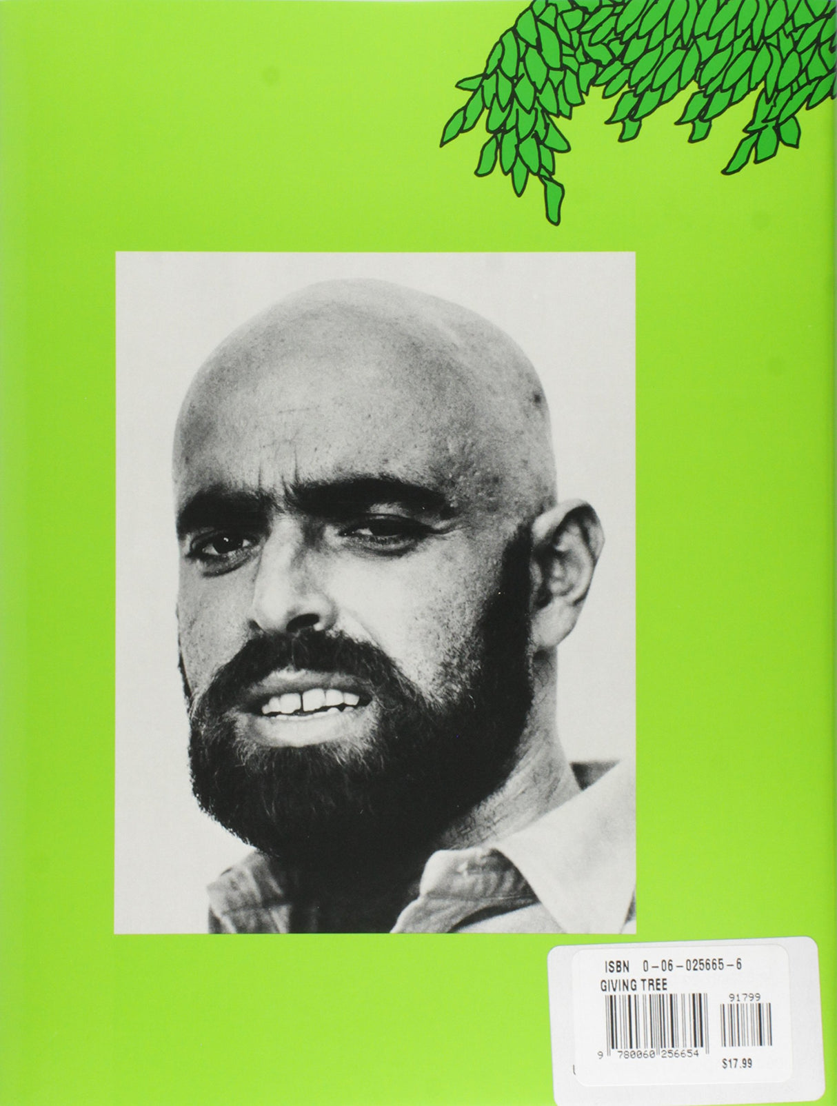 The Giving Tree book back cover with author photo and green leafy illustration by Shel Silverstein.