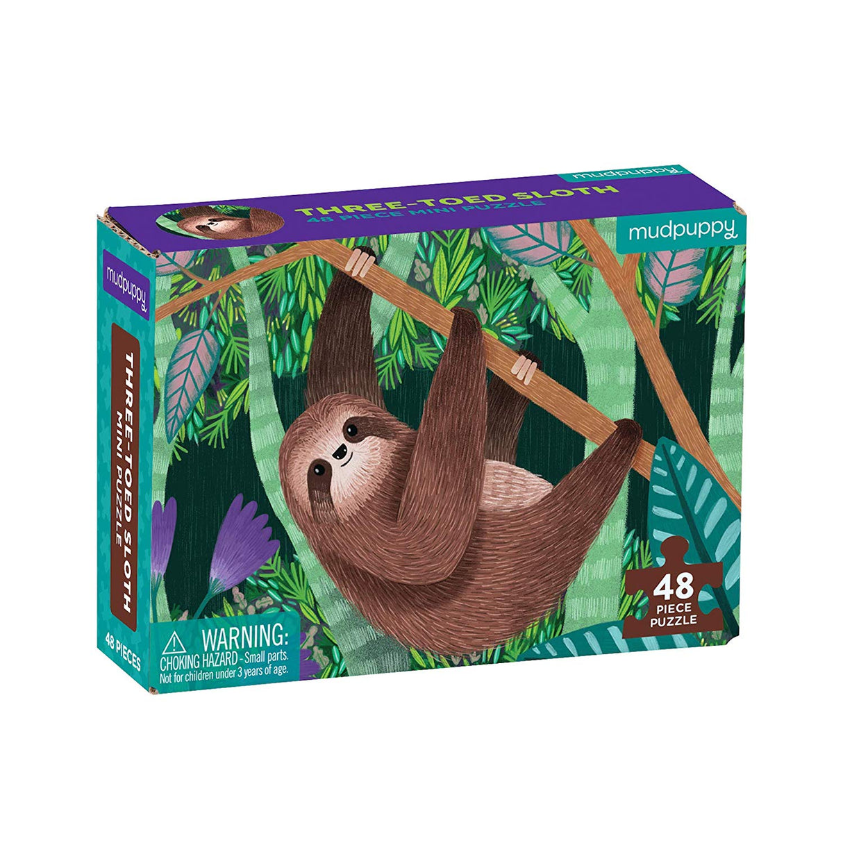 48pc Sloth Mini Puzzle featuring a three-toed sloth in its natural habitat, perfect for kids ages 4 and up.