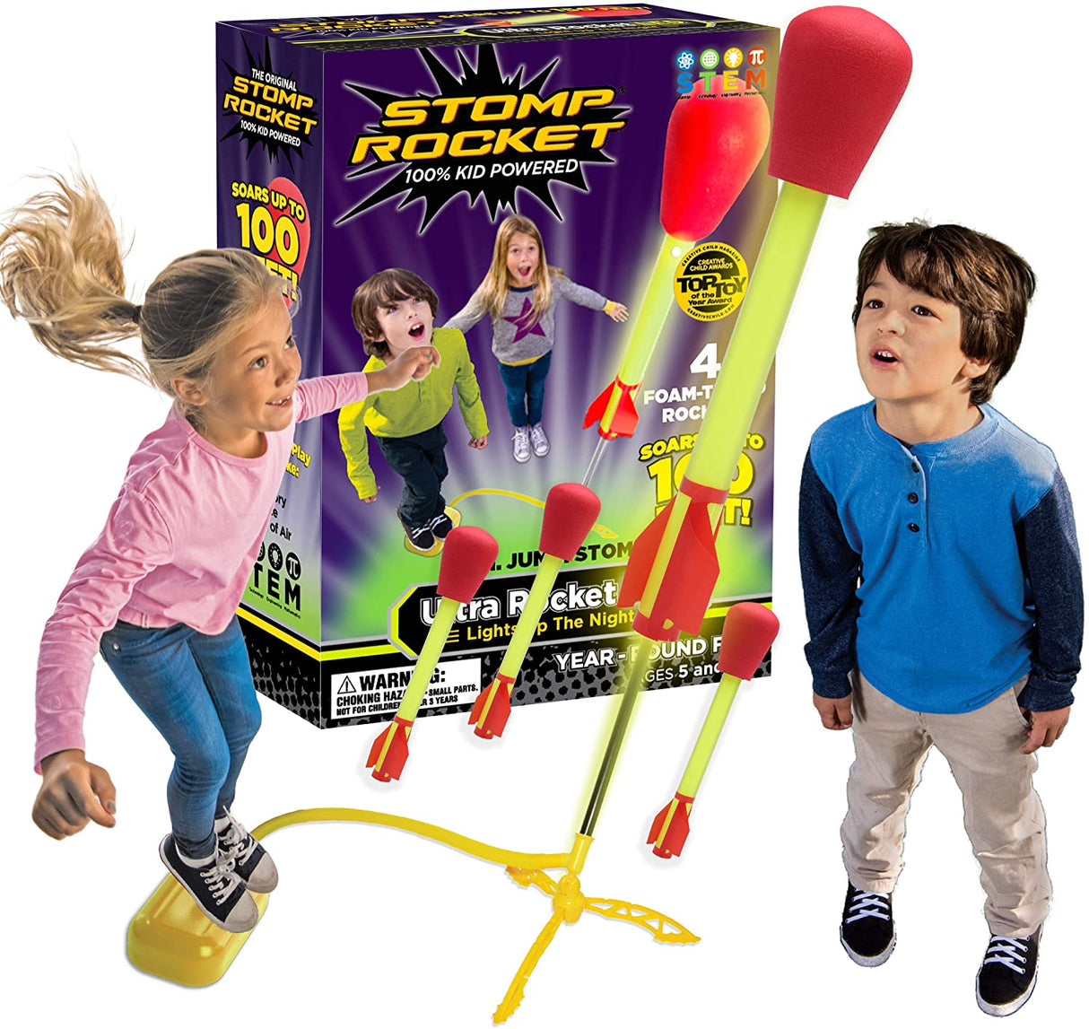 Children playing outdoors with Stomp Rocket Ultra LED launching foam rockets with bright LED lights.